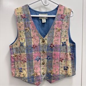 TanTrums vintage Y2K 1990s Embroidered Floral Patchwork Vest in Pastel Stripes M